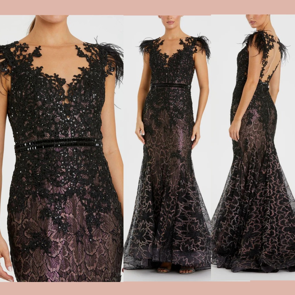 NWT MAC DUGGAL [ 4 ] 79230 Feather Cap Sleeve Illusion Neck Trumpet Gown #J1759‎